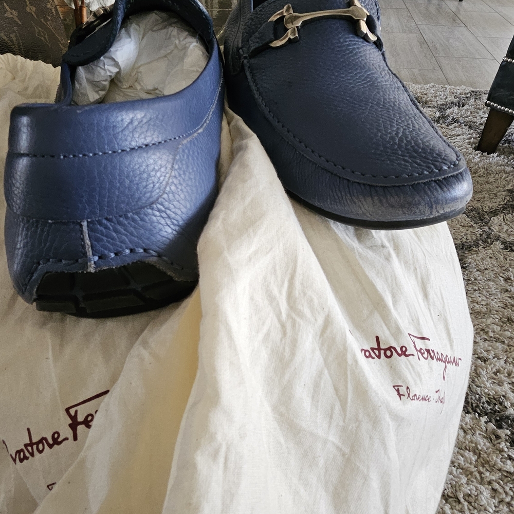 Salvatore Ferragamo Blue Leather Slip-On Loafers - Picture 2 of 4